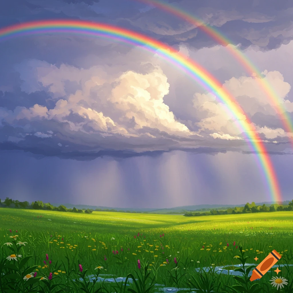 A vibrant landscape featuring a double rainbow over a lush green field with wildflowers under a dramatic cloudy sky.