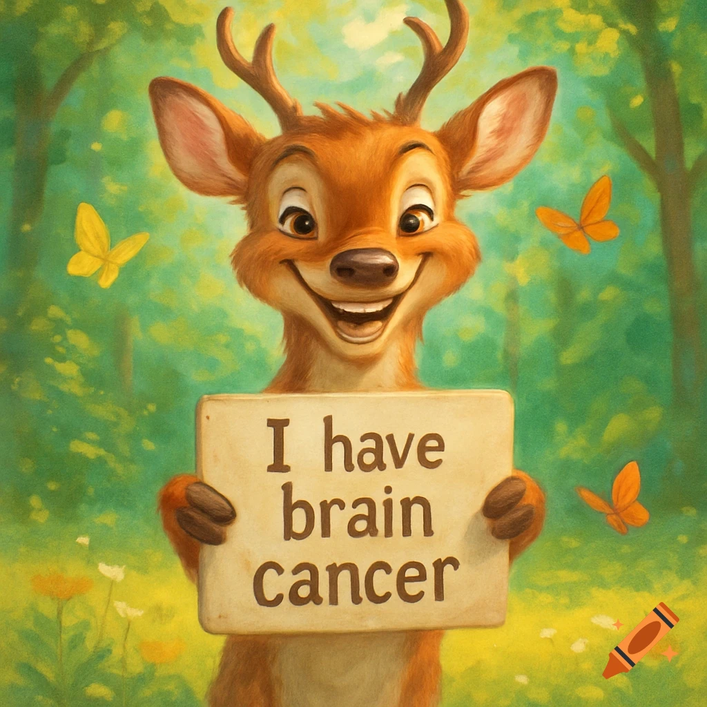 A cheerful cartoon deer holds a sign that says 'I have brain cancer' in a bright green forest with butterflies.