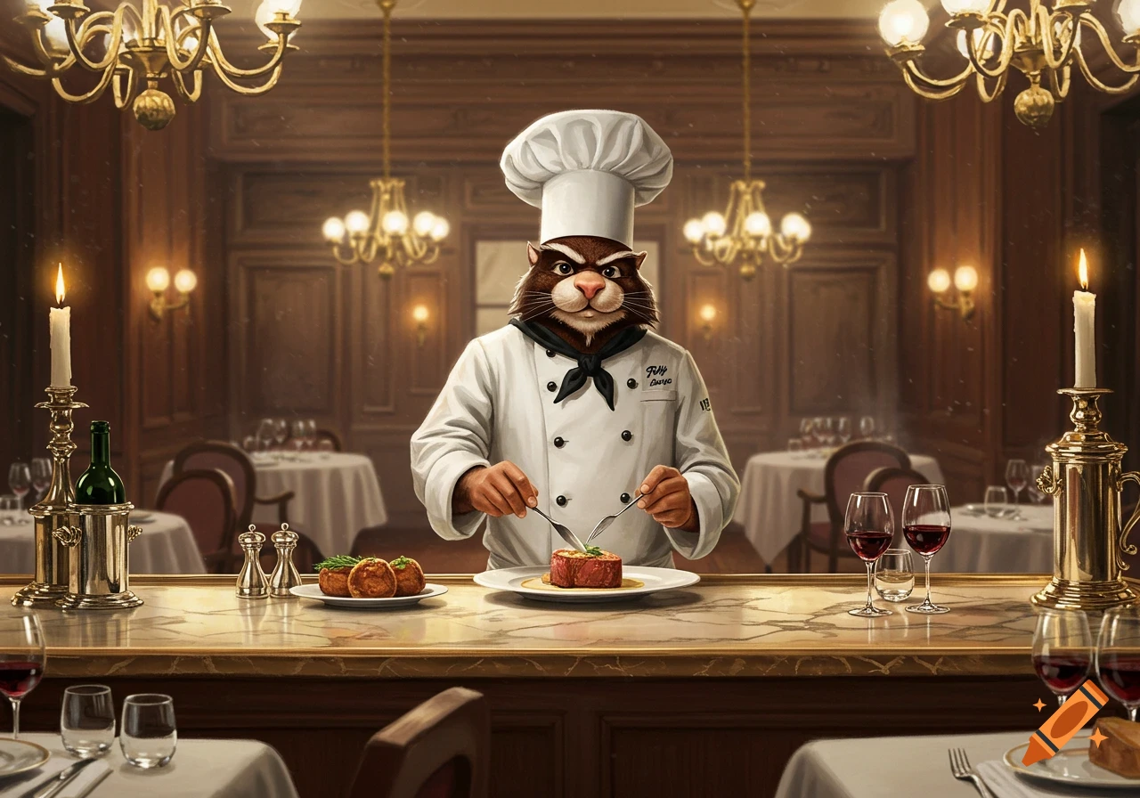 A detailed illustration of an anthropomorphic cat chef in a white uniform preparing a dish with a fork and knife at a marble counter in a fancy, dimly lit restaurant.