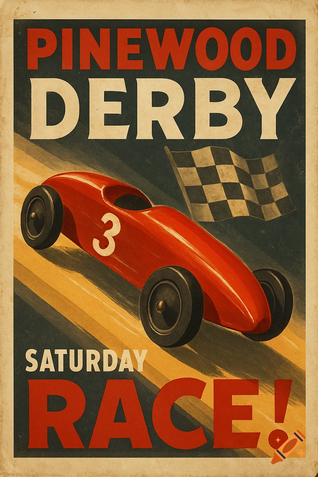 A vintage-style racing poster features a red Pinewood Derby car with the number 3, a checkered flag, and text saying 'PINEWOOD DERBY SATURDAY RACE!'.