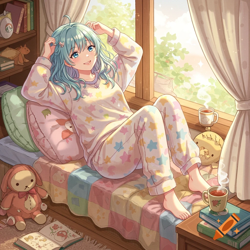 Anime girl in star pajamas relaxing by a sunny window with a book and warm drinks.