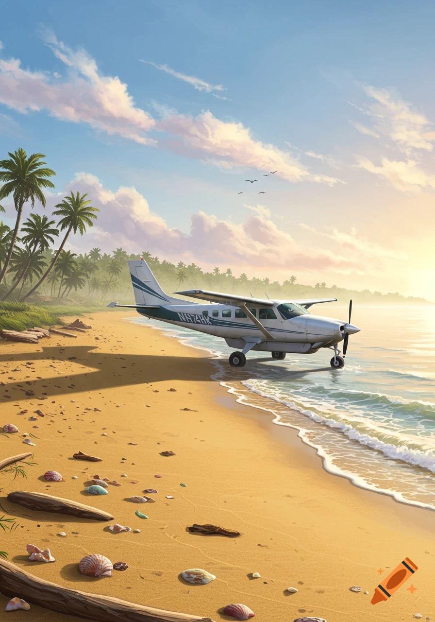 A small white airplane sits partially in the ocean on a sandy tropical beach, with palm trees along the shore and a sunny sky.