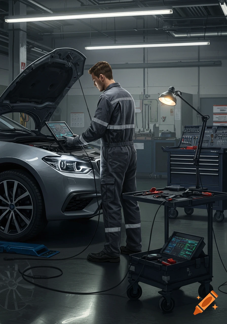 A photorealistic image of a car technician in a garage using a diagnostic tablet on a silver car with its hood open.