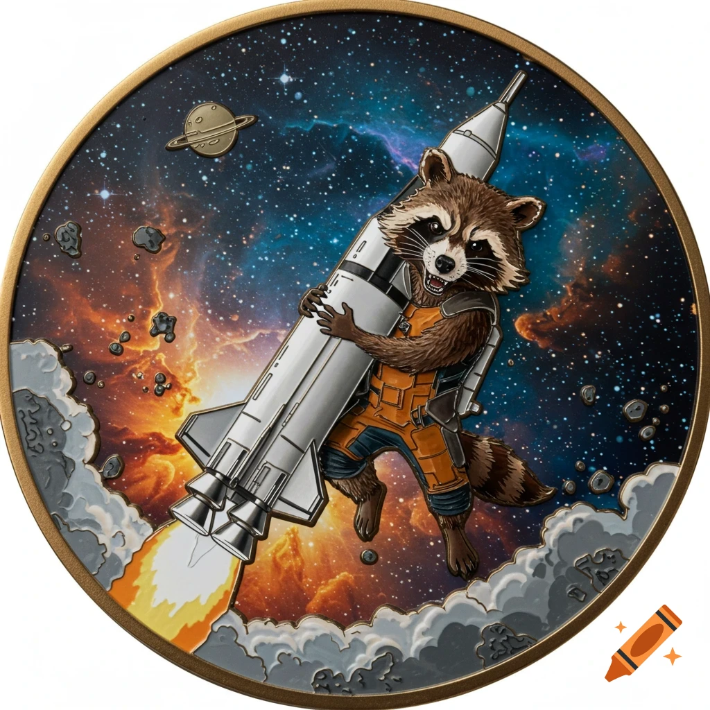 Illustration of Rocket Raccoon riding a rocket through space on a stylized challenge coin.