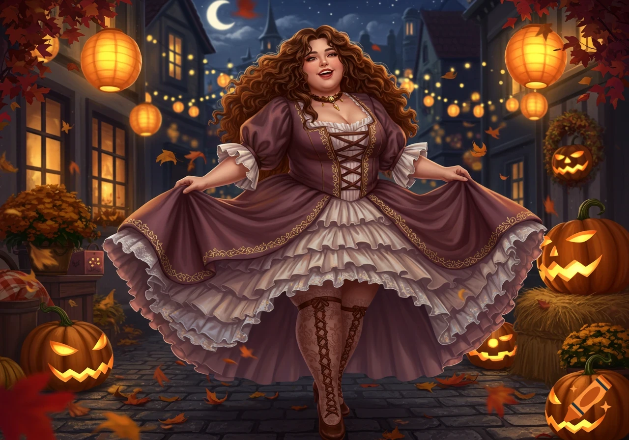 A chubby woman with long curly brown hair in a frilly coquette dress stands in a festive Halloween street at night, surrounded by glowing jack-o'-lanterns and lanterns.