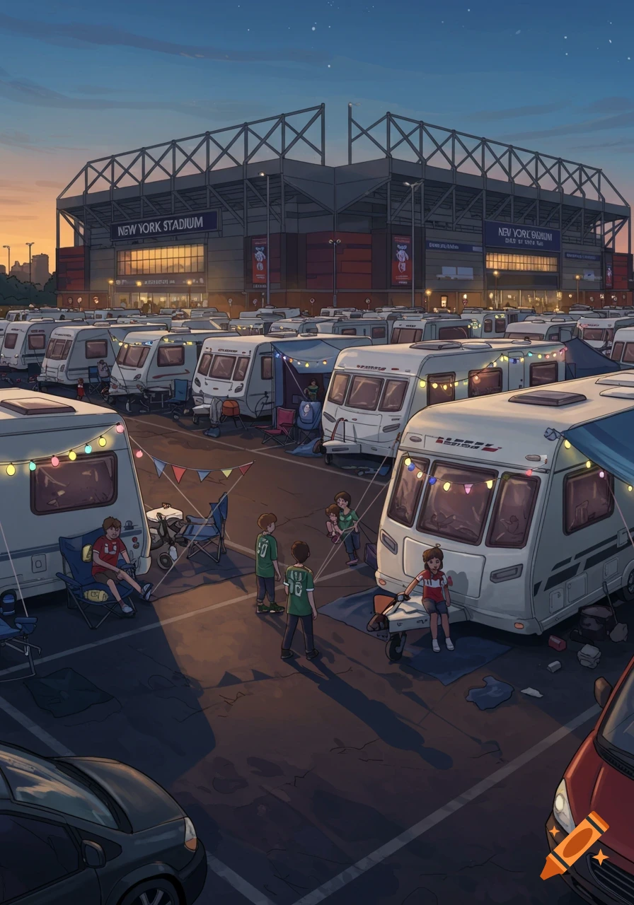 An illustrated view of a large car park filled with caravans and people outside a stadium at dusk, with lights on.