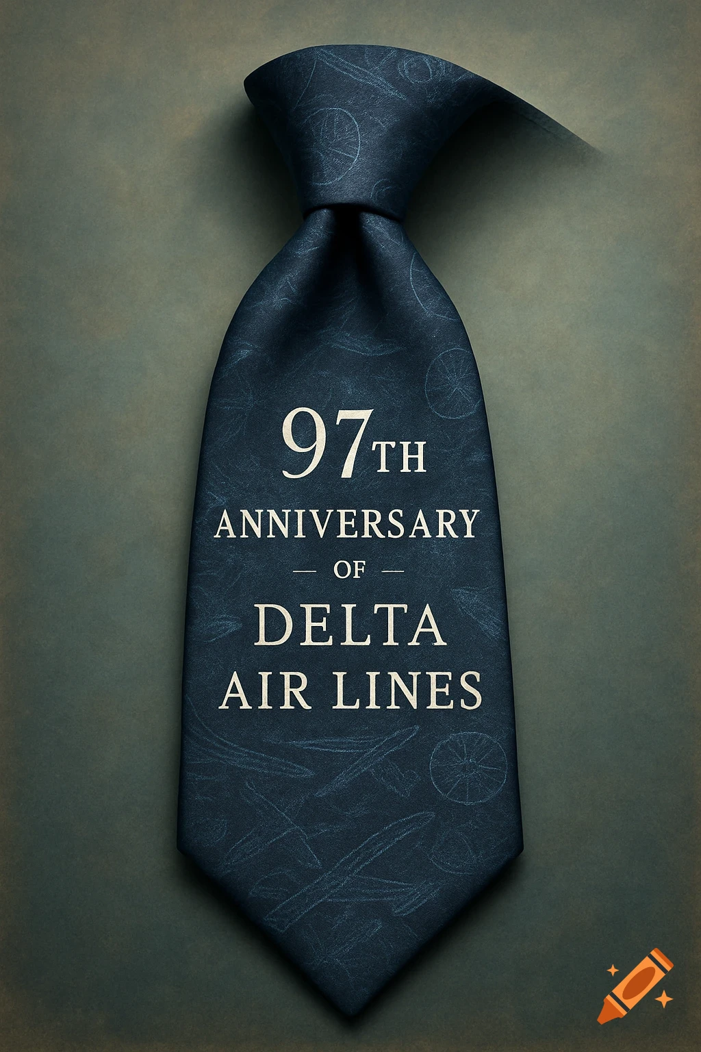 A dark blue tie with '97th Anniversary of Delta Air Lines' text and subtle airplane patterns.