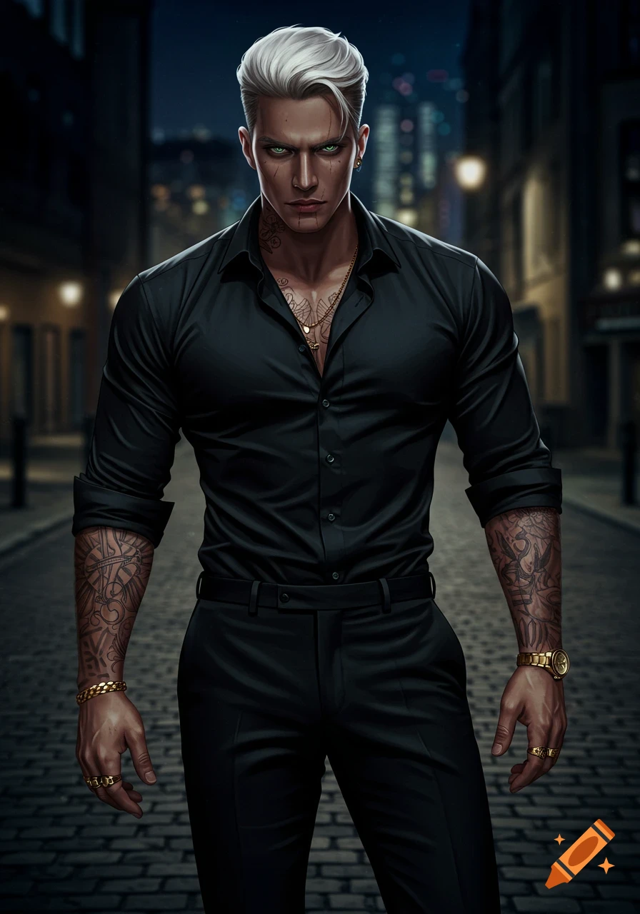 Intense man with white-blonde hair, green eyes, scars, and tattoos, in black attire and gold jewelry, stands on a dark urban street.