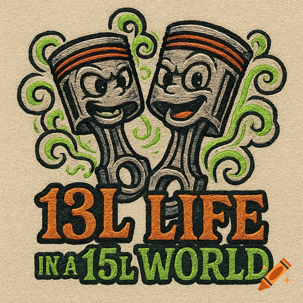 Embroidered cartoon of two diesel pistons with faces and green smoke, text reads '13L LIFE IN A 15L WORLD'.
