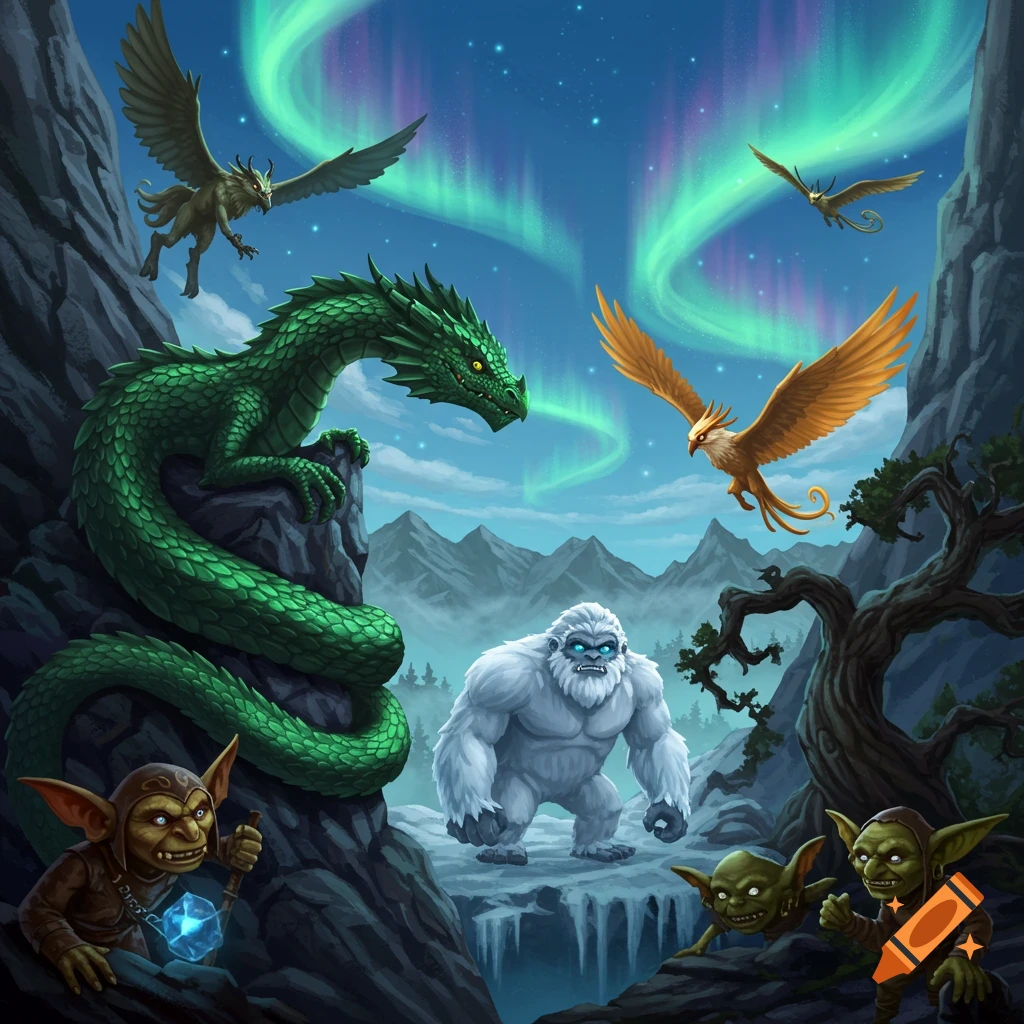 A green dragon, two griffins, a yeti, and three goblins gather in a snowy mountain landscape under the northern lights.
