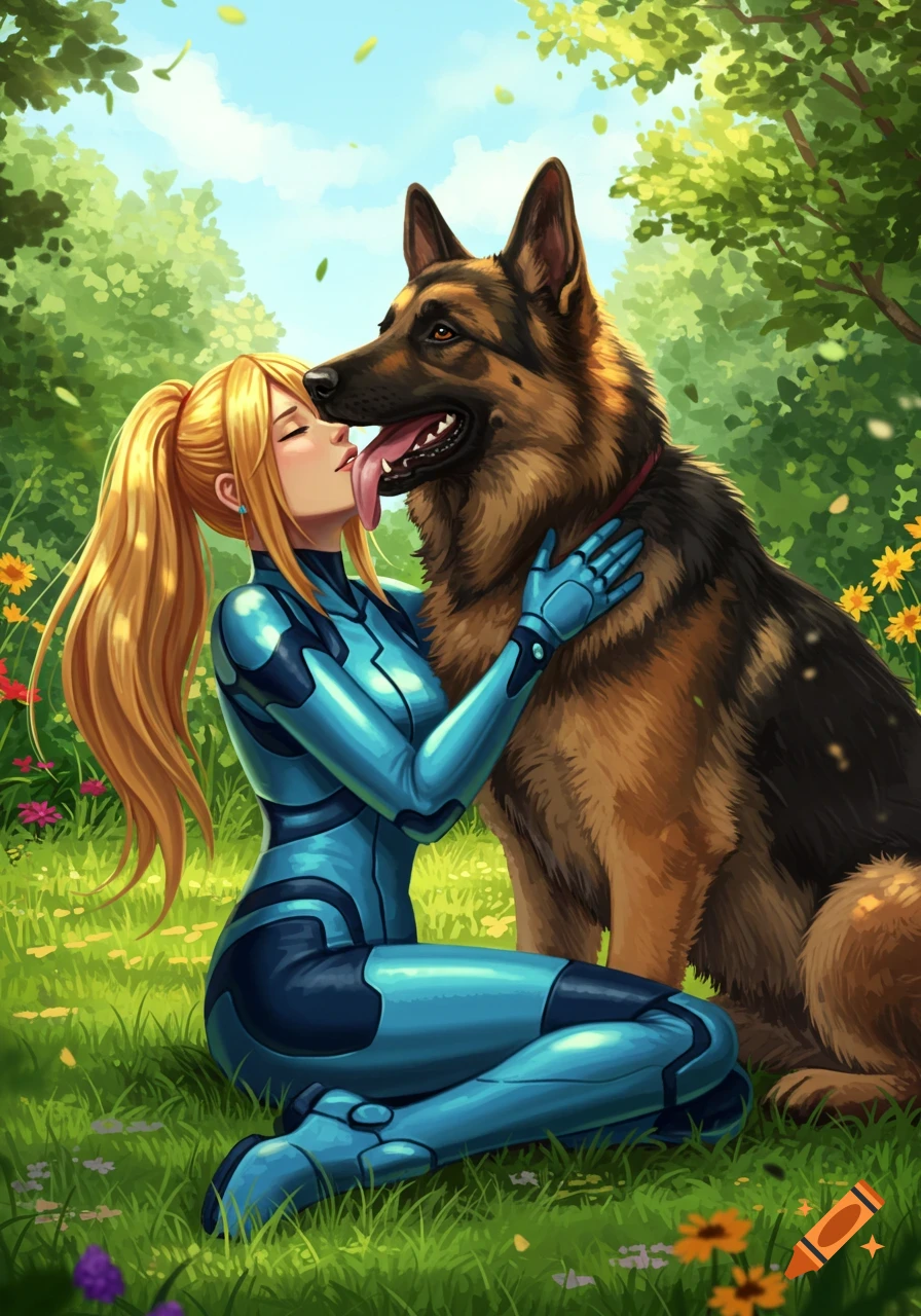 Zero Suit Samus hugs a German Shepherd dog licking her face in a sunny, green field with flowers, in an illustrative style.