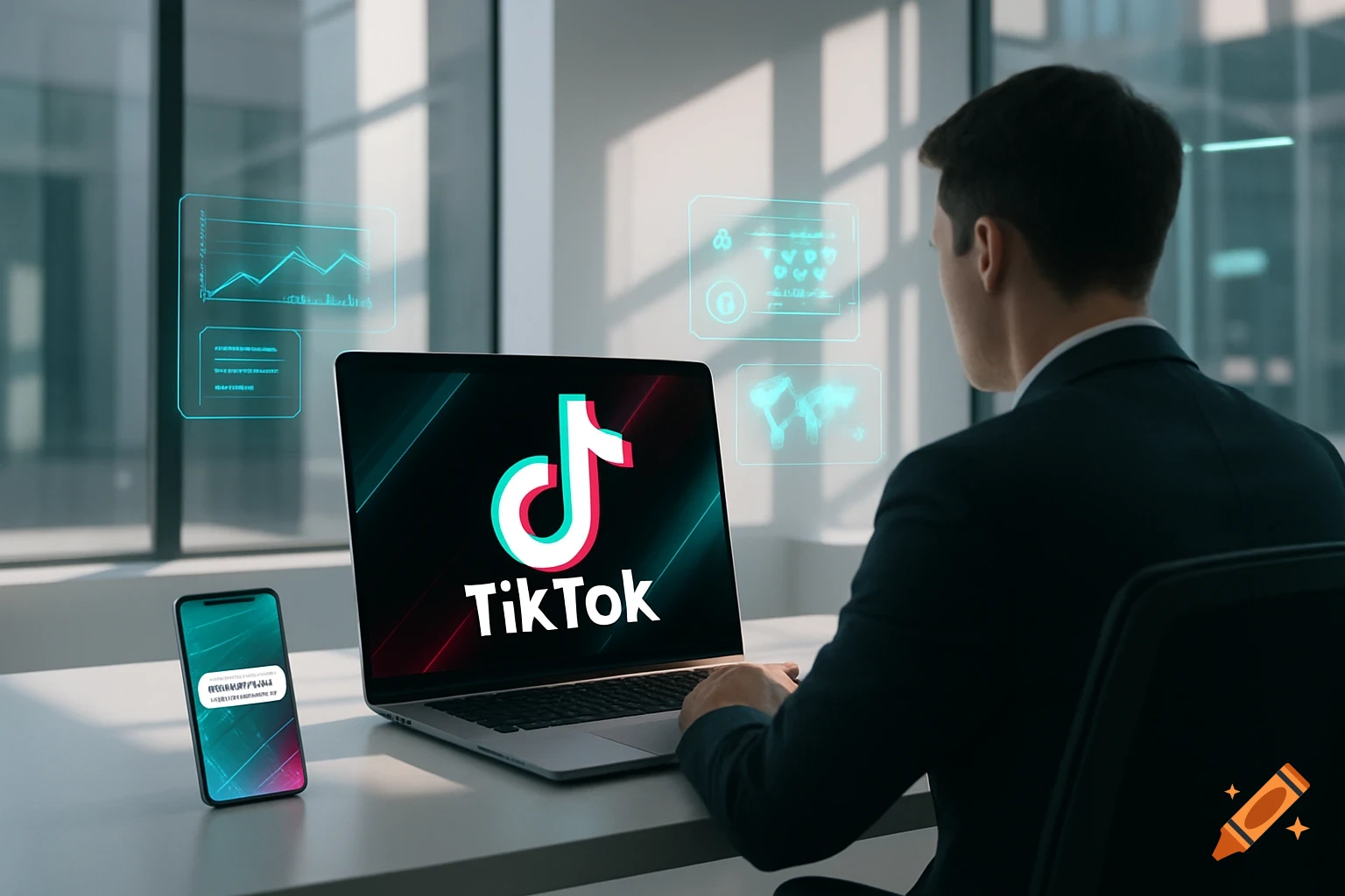 A man in a suit looks at a laptop displaying the TikTok logo and holographic charts, with a smartphone nearby.