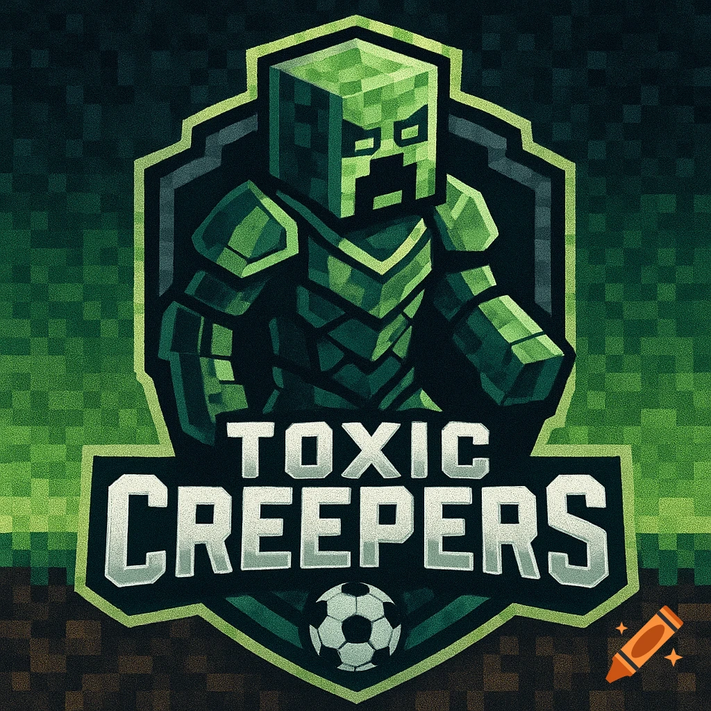 Minecraft-style logo for 'Toxic Creepers' soccer team, featuring a green armored creeper, text, and a soccer ball.