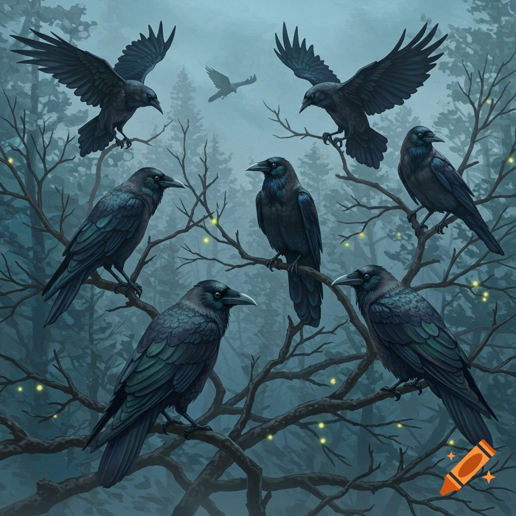 Seven dark crows perch on gnarled, bare branches with glowing yellow lights in a misty forest, one flying in the background. Painterly.