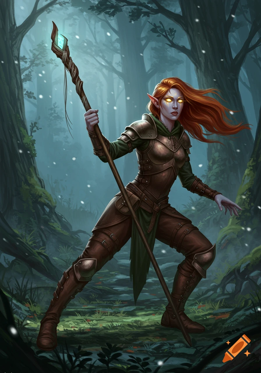 A pale-skinned, golden-eyed elf with auburn hair in leather armor holds a glowing quarterstaff in a snowy forest, in a detailed digital illustration.
