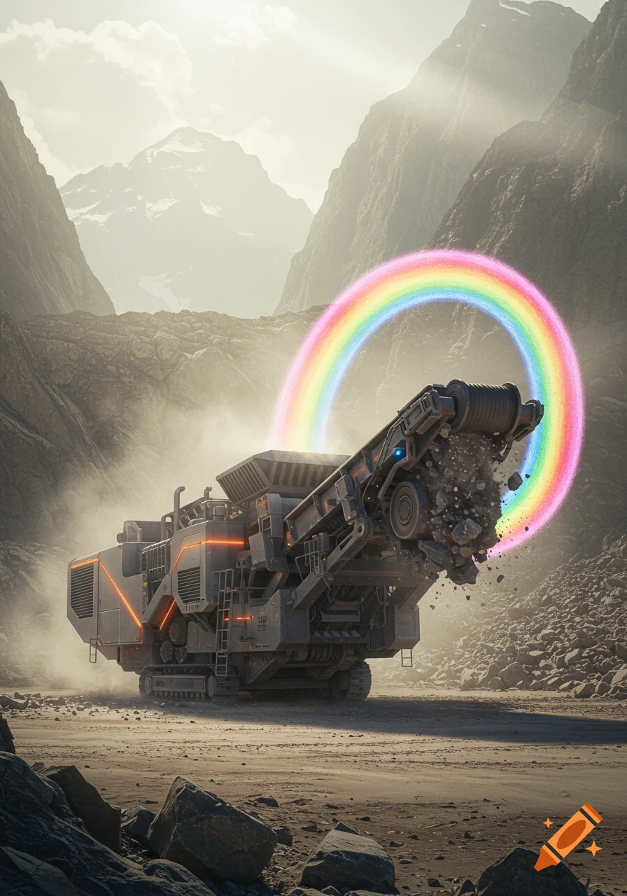 A large, futuristic rock crusher in a dusty, desolate mountain valley, with a vibrant rainbow arching from its output.