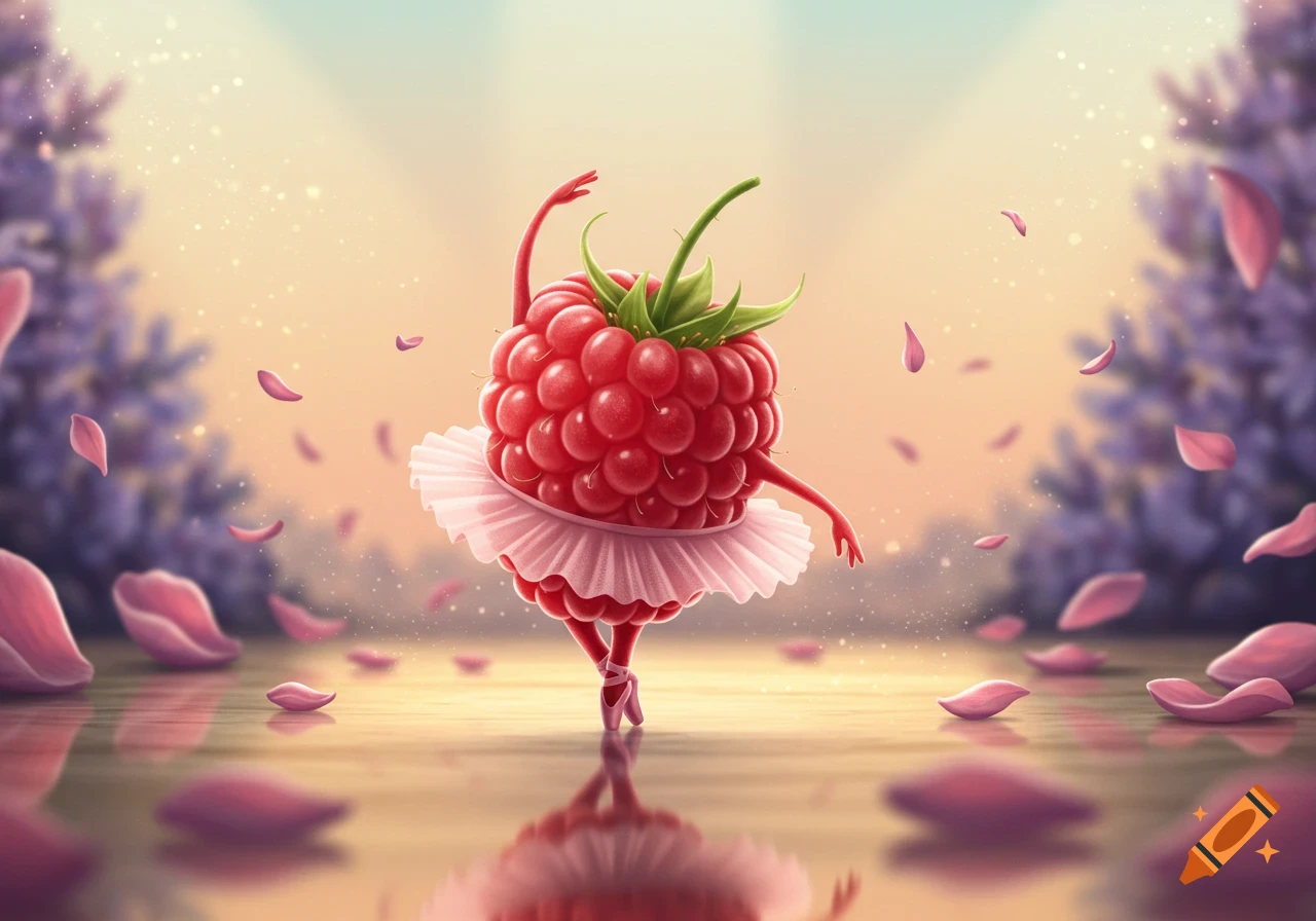 A whimsical illustration of a raspberry ballerina dancing en pointe, surrounded by falling pink petals.