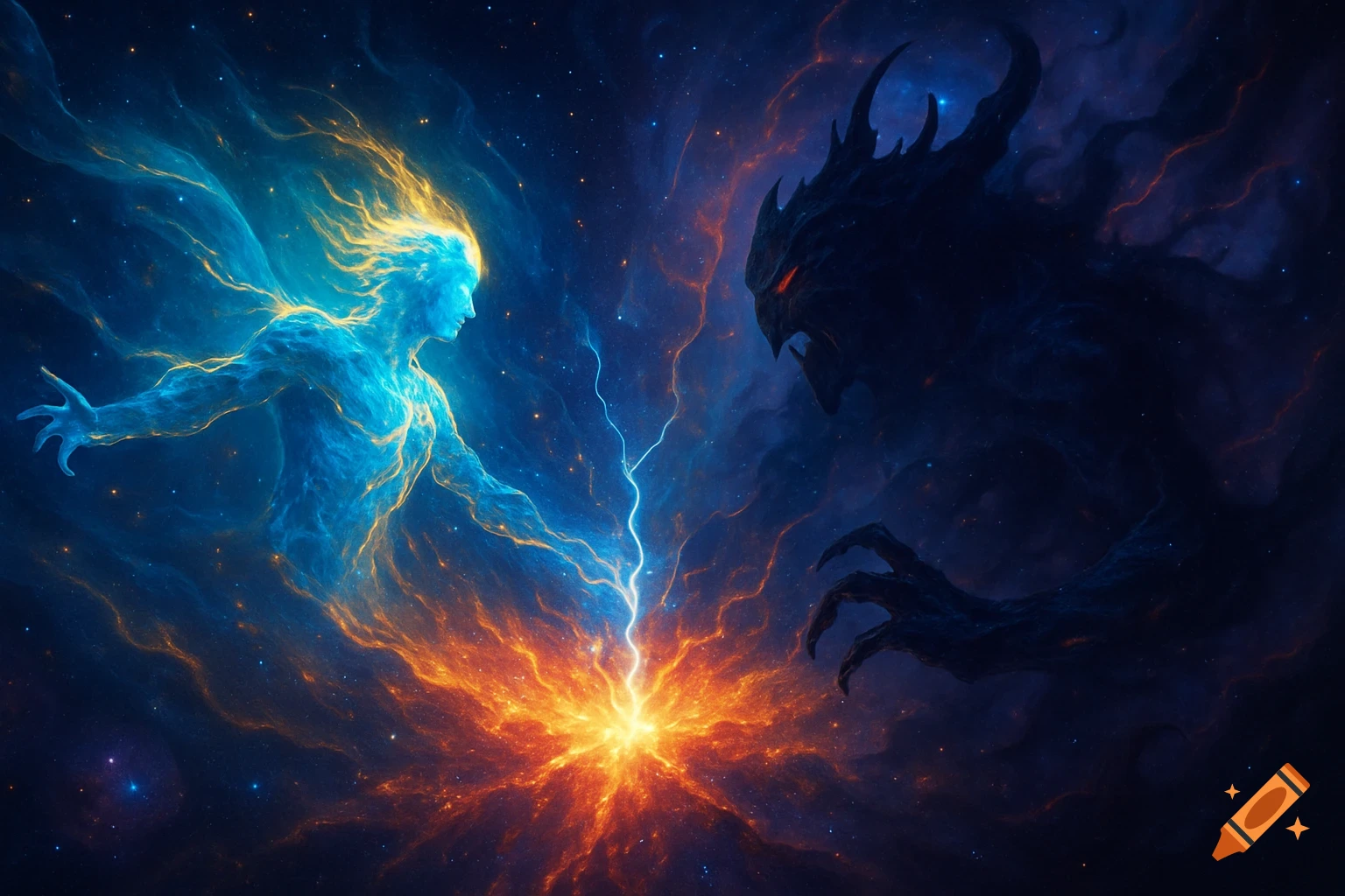 A glowing blue and yellow cosmic being confronts a dark, horned creature in a starry nebula with a central burst of light.