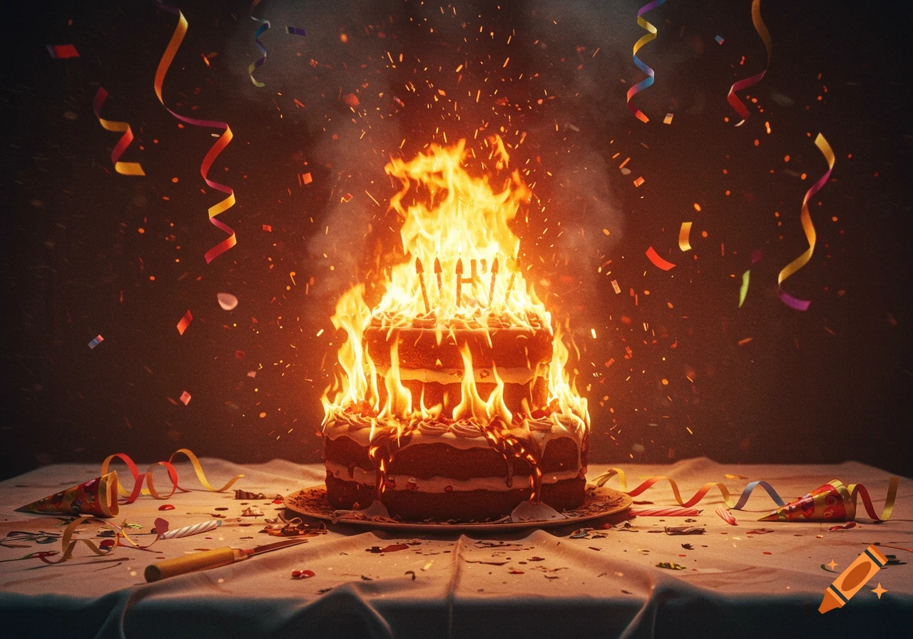 A two-tiered birthday cake fully engulfed in vibrant flames, with lit candles on top, surrounded by falling confetti, party hats, and streamers on a tablecloth. Photorealistic style.