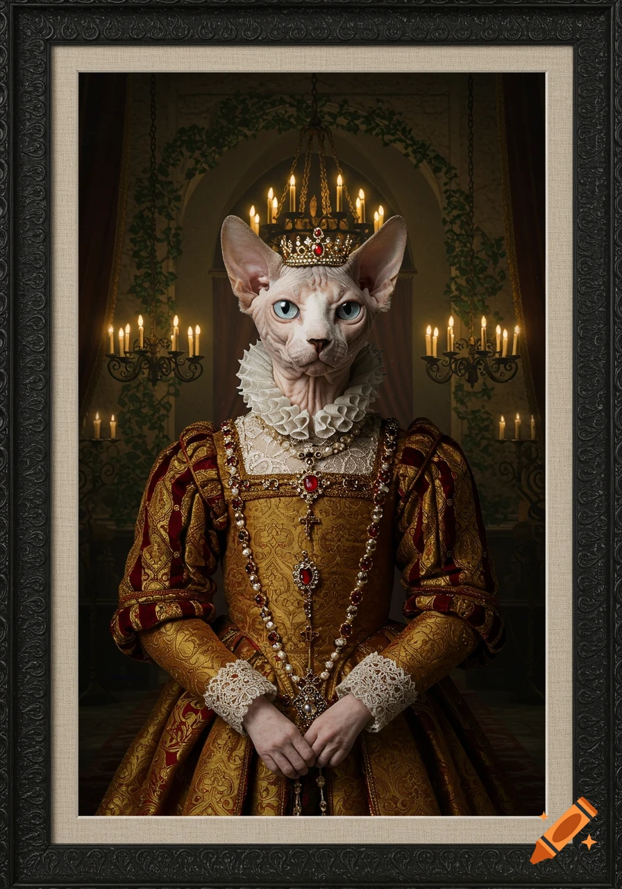 Framed photorealistic portrait of a Sphynx cat dressed as a medieval queen in a candlelit room.