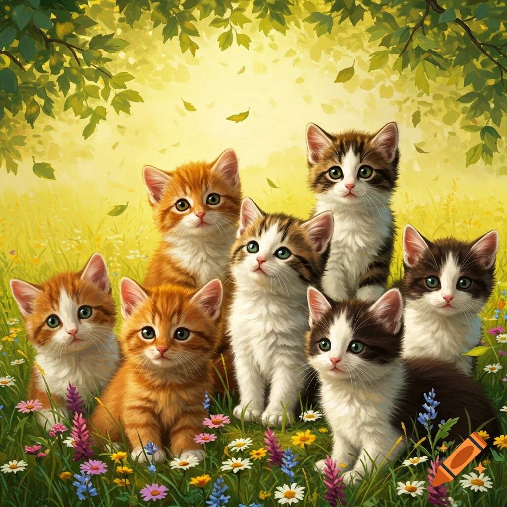 Seven cute kittens with various fur patterns sit among colorful wildflowers in a sunny field under green tree leaves, illustration.