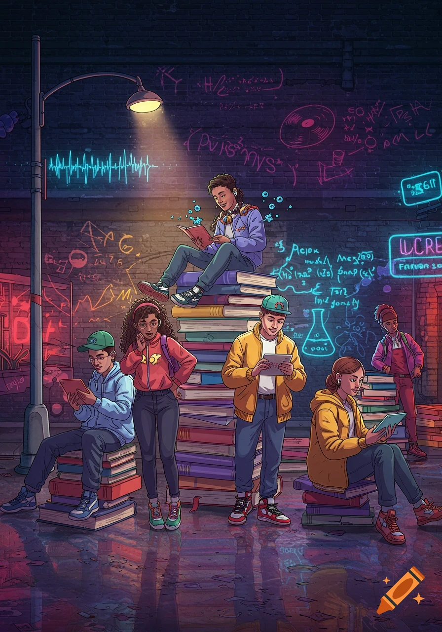 Colorful illustration of diverse young people studying amidst stacks of books in a neon-lit urban alleyway with graffiti and science formulas.