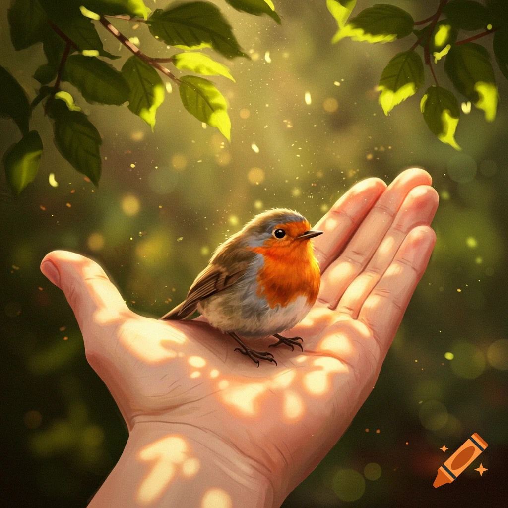 A small robin with orange breast sits in a human hand, bathed in dappled sunlight under green leaves. Digital art.