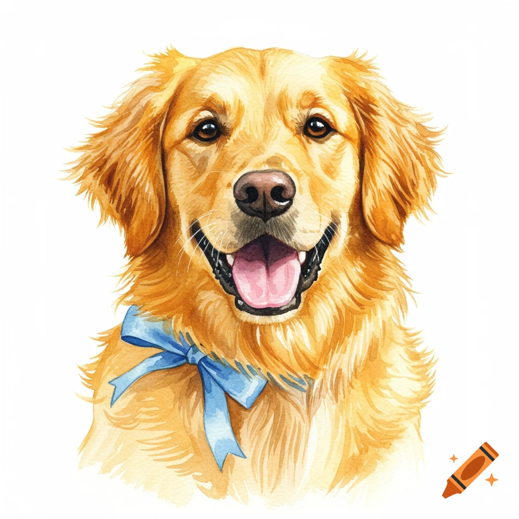 Watercolor painting of a smiling golden retriever with a blue bow against a white background.