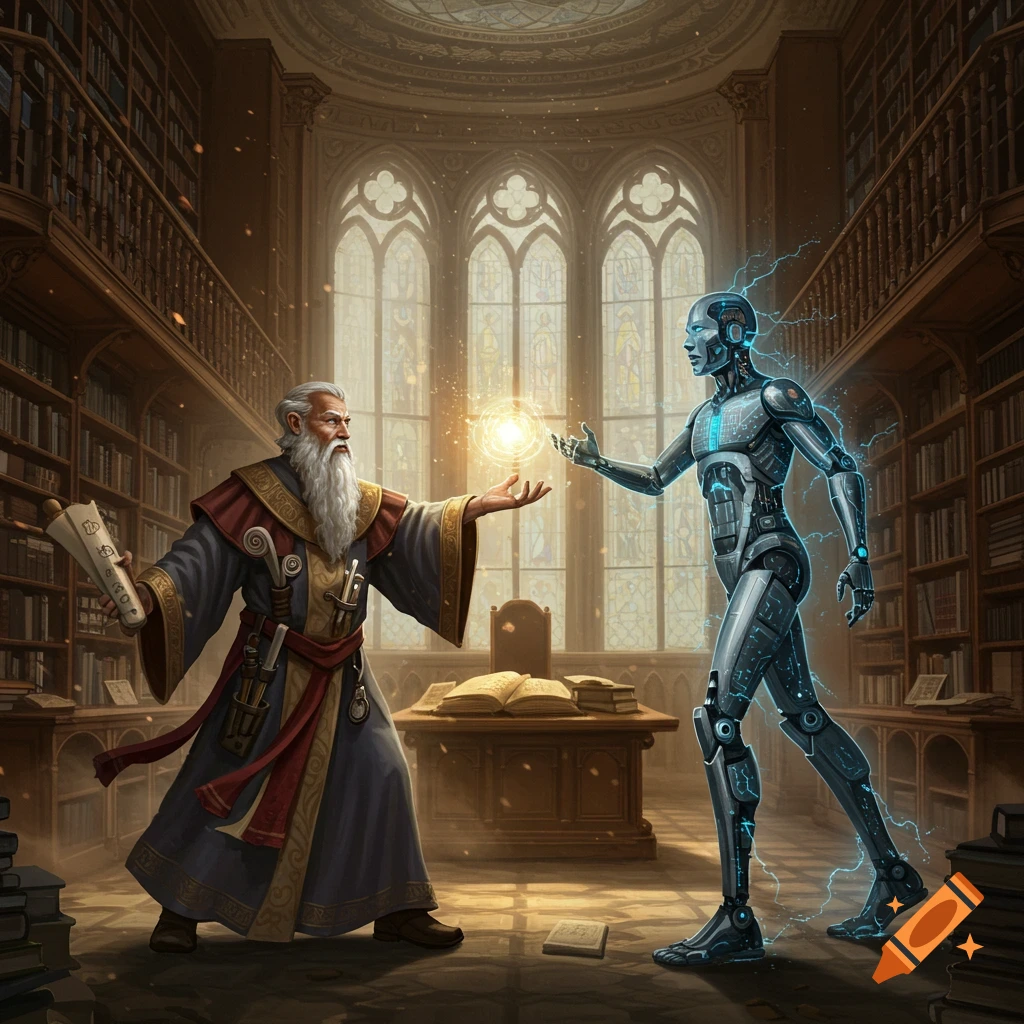 A wizard with a long white beard conjures a glowing orb towards a metallic robot in a grand, ornate library.