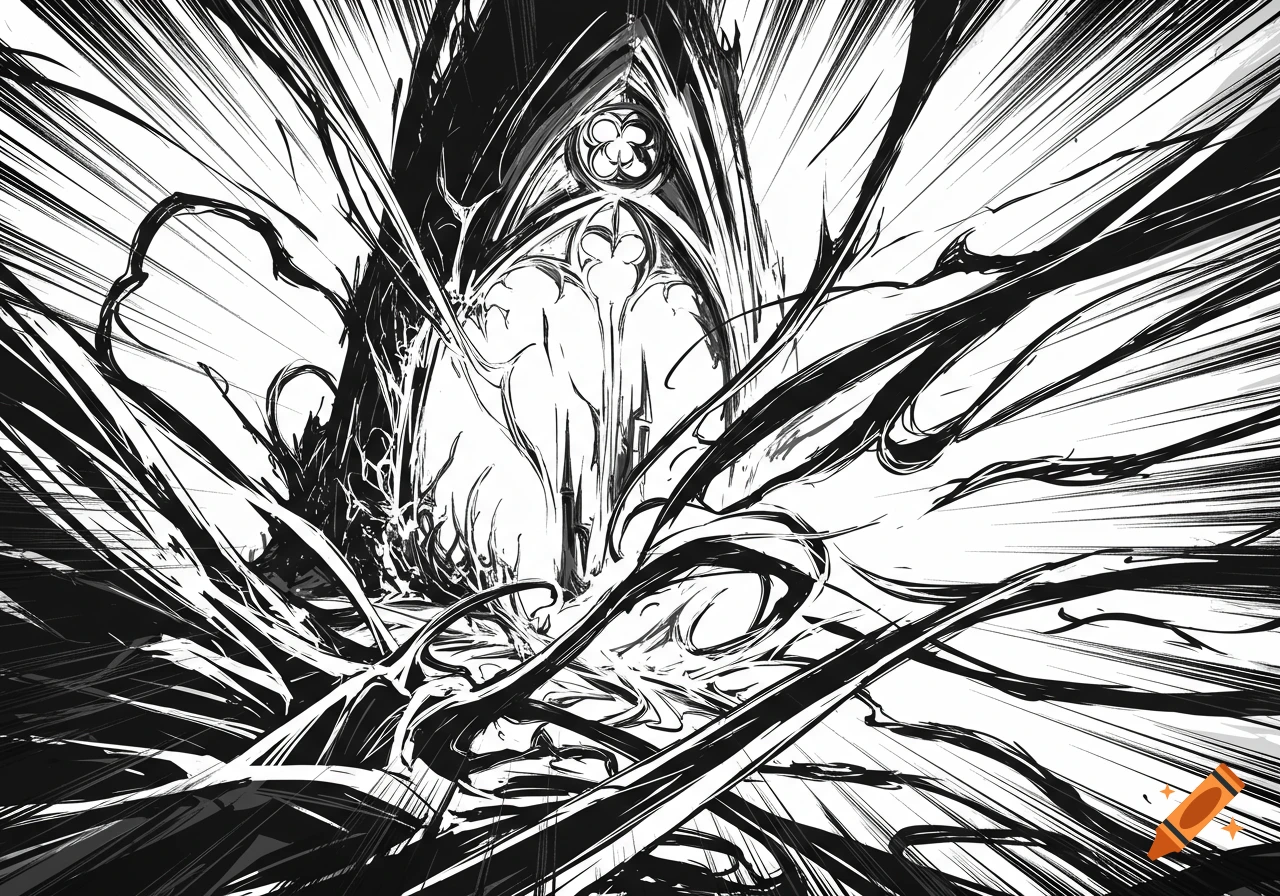 A dynamic black and white illustration of gothic architecture surrounded by swirling speed lines.