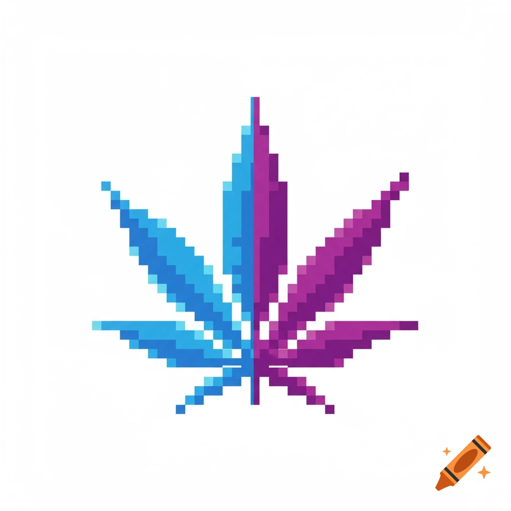 Pixelated marijuana leaf split blue and purple on a white background.