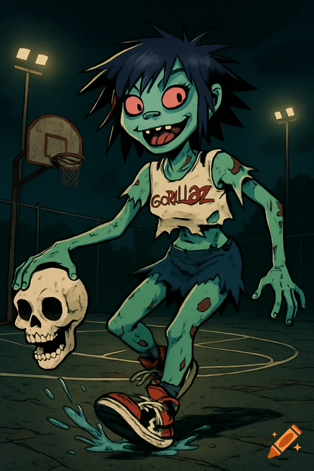 Zombie Noodle from Gorillaz dribbles a skull on a dark, outdoor basketball court at night, in a cartoon art style.