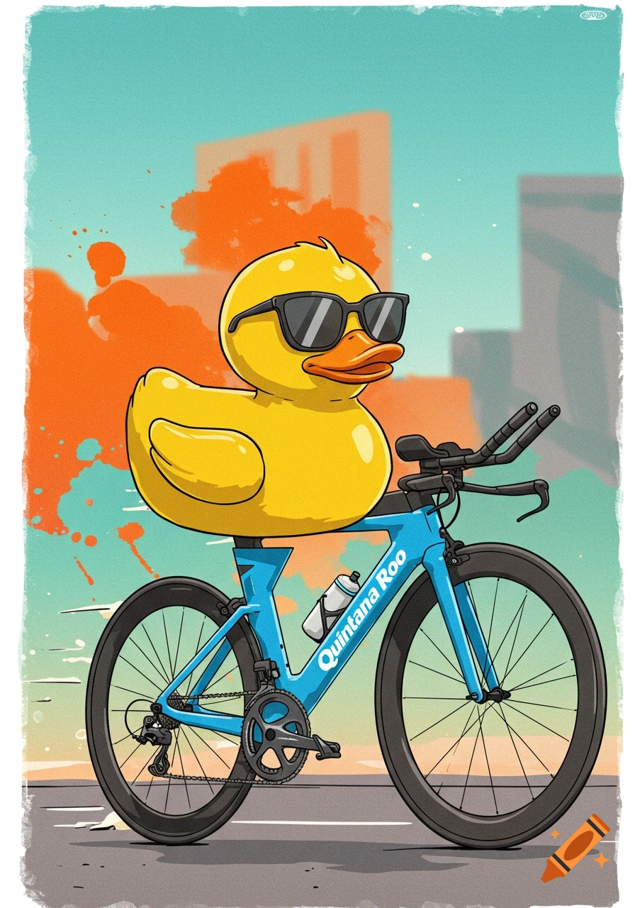Cartoon rubber duck with sunglasses rides a blue Quintana Roo triathlon bike on a street with an orange and teal city background.