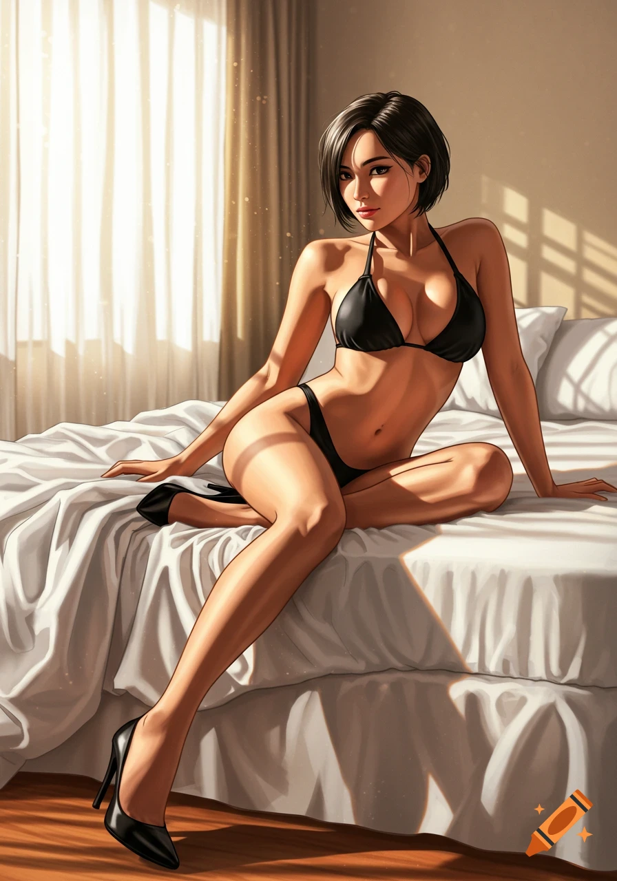 Digital illustration of a Filipina woman with short hair wearing a black bikini and high heels, sitting on a bed in a sunlit room.