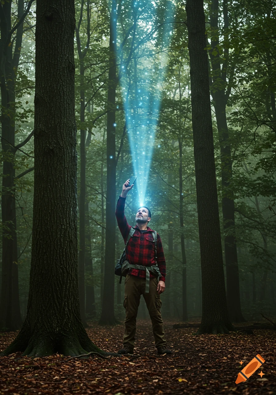 A man in a red plaid shirt and backpack holds up a phone in a misty forest, with a blue beam of light shining from the phone upwards. Photorealistic.