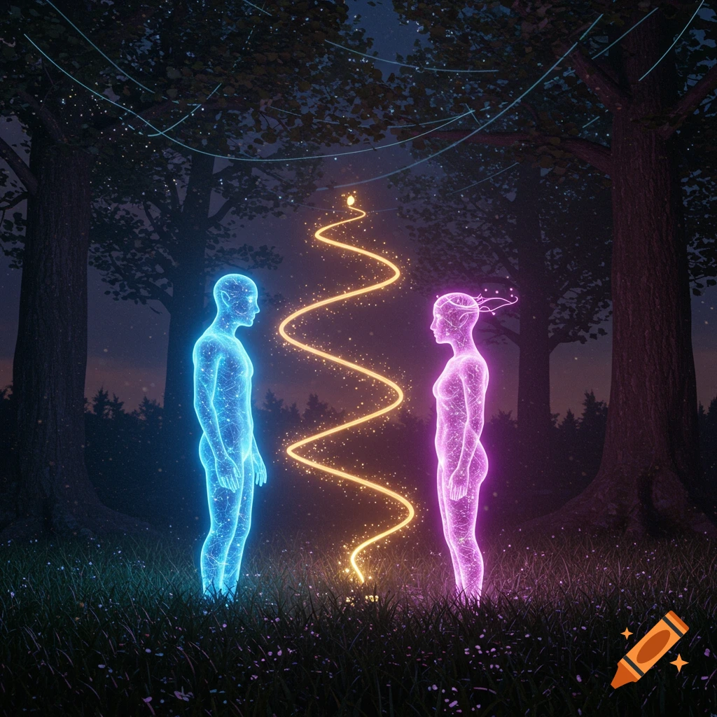 Two glowing blue and pink humanoid figures face each other in a dark forest, connected by a shimmering golden energy path.