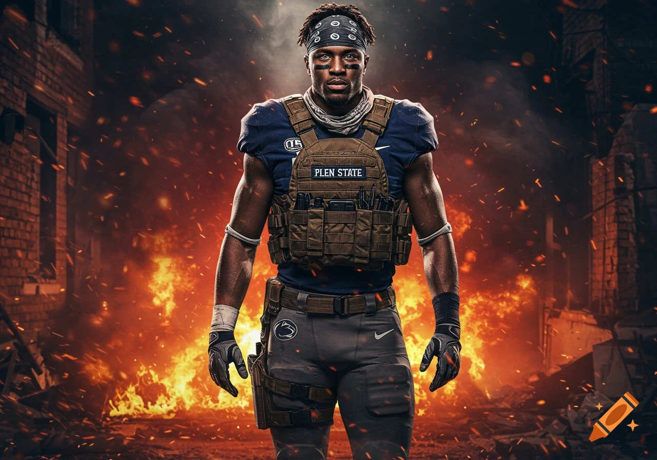 Muscular man in football jersey and tactical gear stands in front of a fiery, destroyed city street.