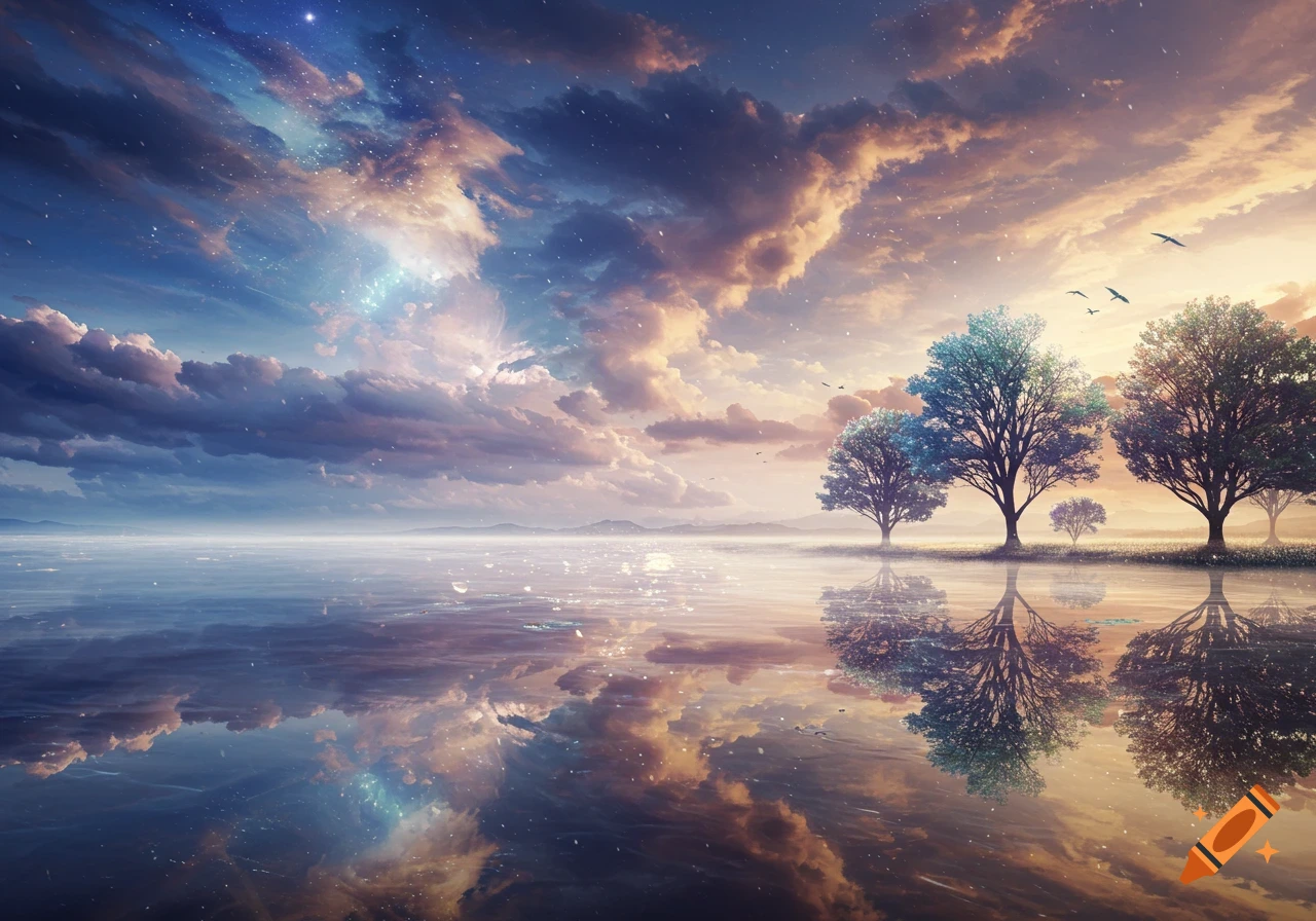 Dreamlike landscape with colorful starry clouds, tranquil water reflecting the sky, and silhouetted trees along the shore.
