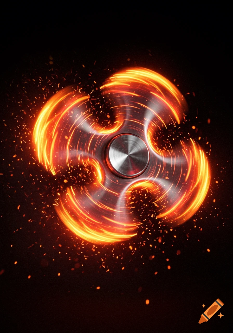 A metallic fidget spinner glowing with fiery orange and yellow light, spinning against a dark background with sparks.