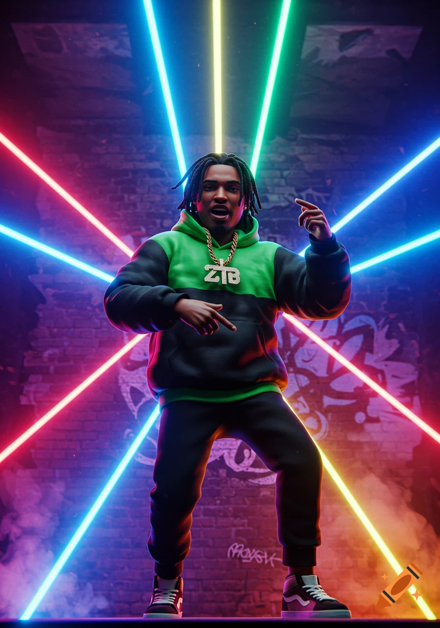 A stylized 3D man with dreadlocks in a green hoodie and gold chain poses against a graffiti wall with bright neon light beams.
