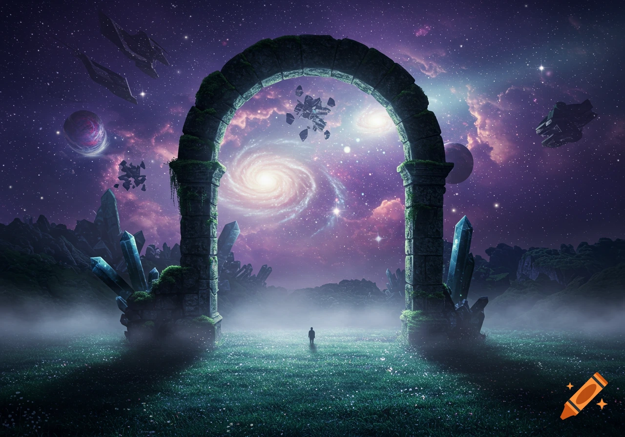A lone figure stands in a misty, grassy field under a moss-covered stone archway, leading to a cosmic sky with galaxies and planets.