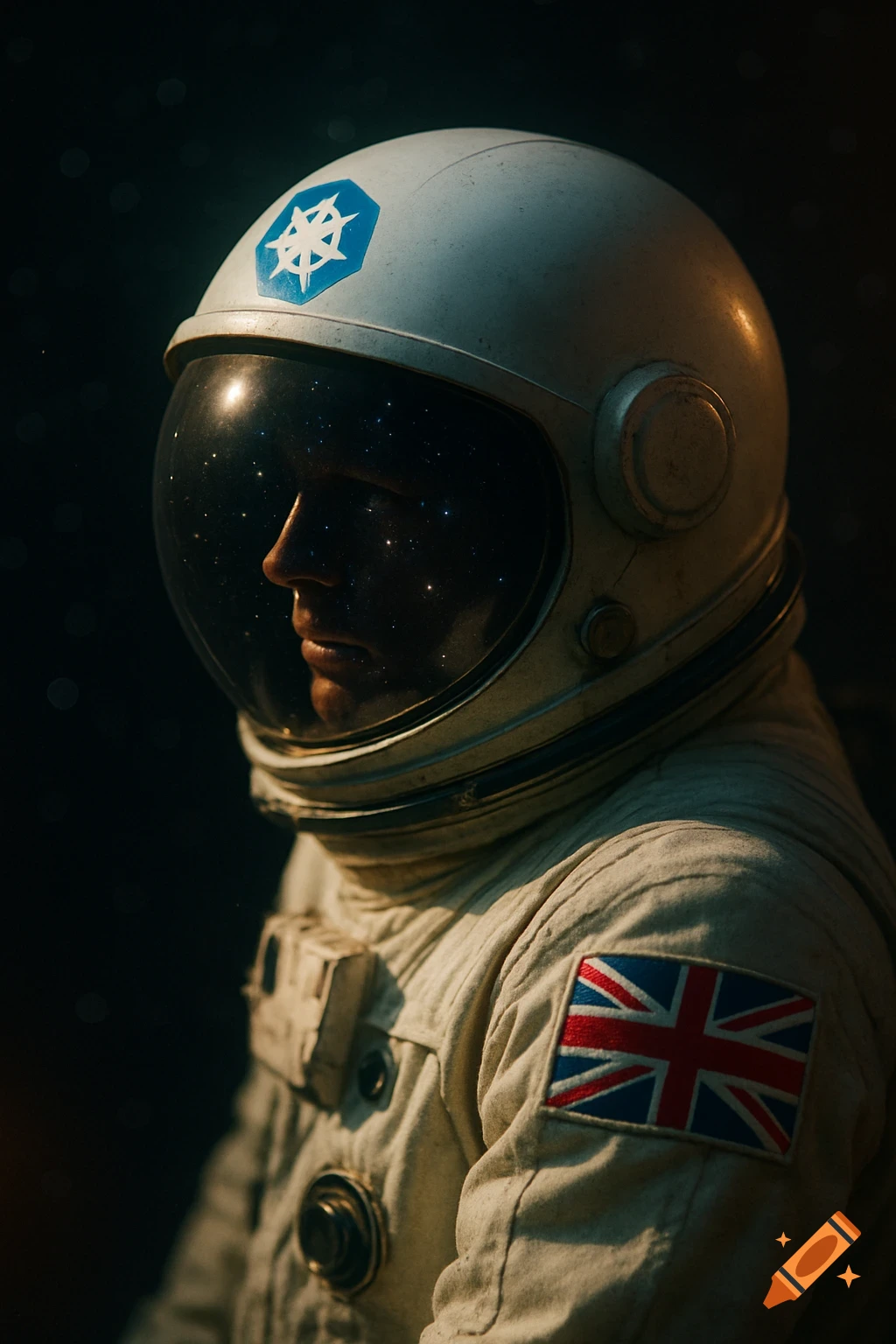 Close-up side profile portrait of an astronaut with a white suit and helmet, a British flag on the arm, and stars reflected in the visor.