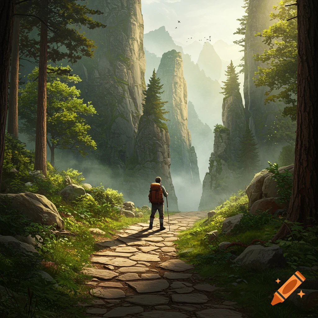 A lone hiker with a backpack walks on a stone path through a misty mountain pass with tall rock formations and lush trees.