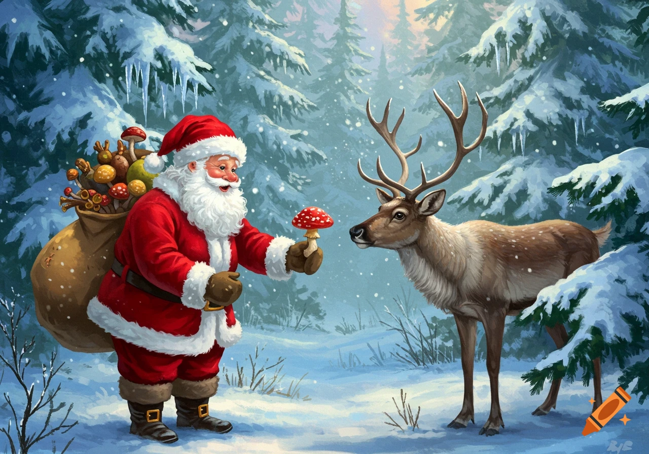 Illustration of Santa Claus offering a red mushroom to a reindeer in a snowy winter forest.