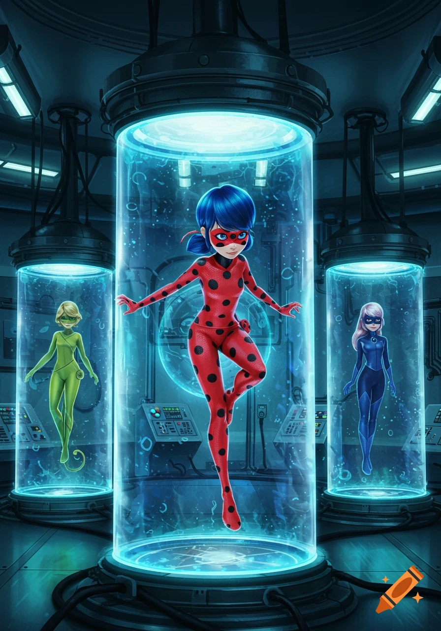 Ladybug and two other heroines from Miraculous Ladybug frozen in glowing stasis fields inside a futuristic lab.