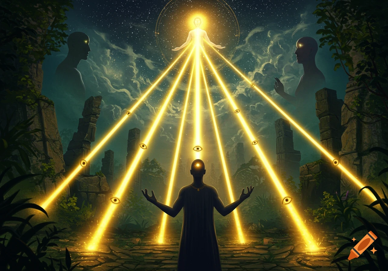 A mystical scene with a glowing figure radiating light beams with eyes, connecting to a silhouetted person amidst ruins and a starry sky.