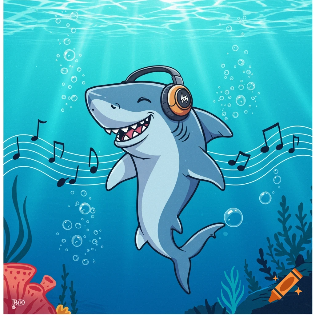A playful cartoon shark wearing headphones, happily listening to music underwater with bubbles and coral, in a vibrant digital illustration style.