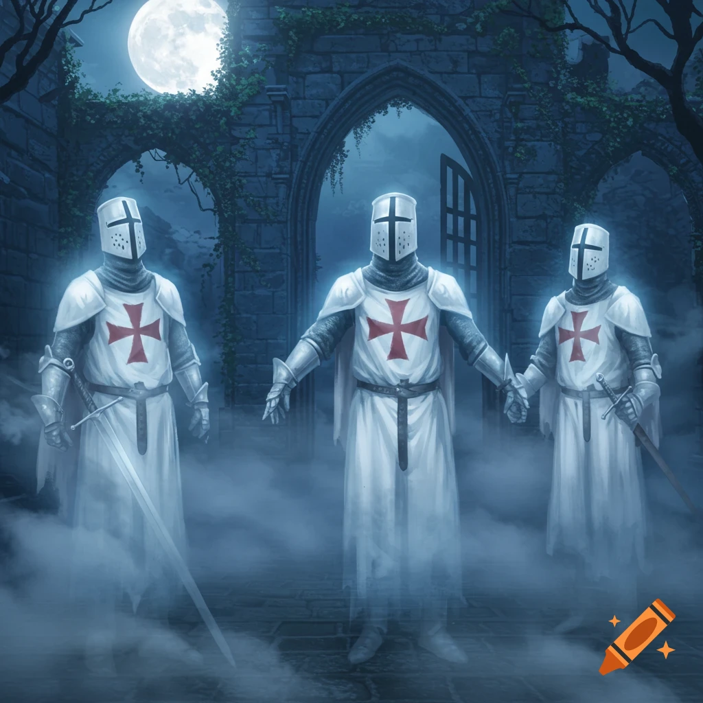 Three glowing ghostly Knights Templar stand in front of a ruined stone archway under a full moon.