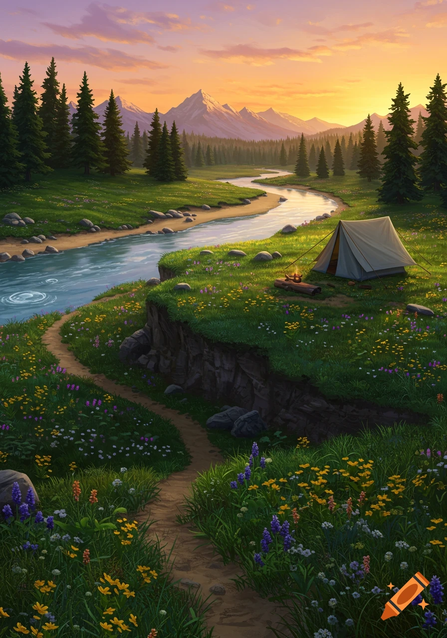 Stylized illustration of a peaceful campsite by a winding river in a lush mountain valley at sunset, with a tent and campfire.