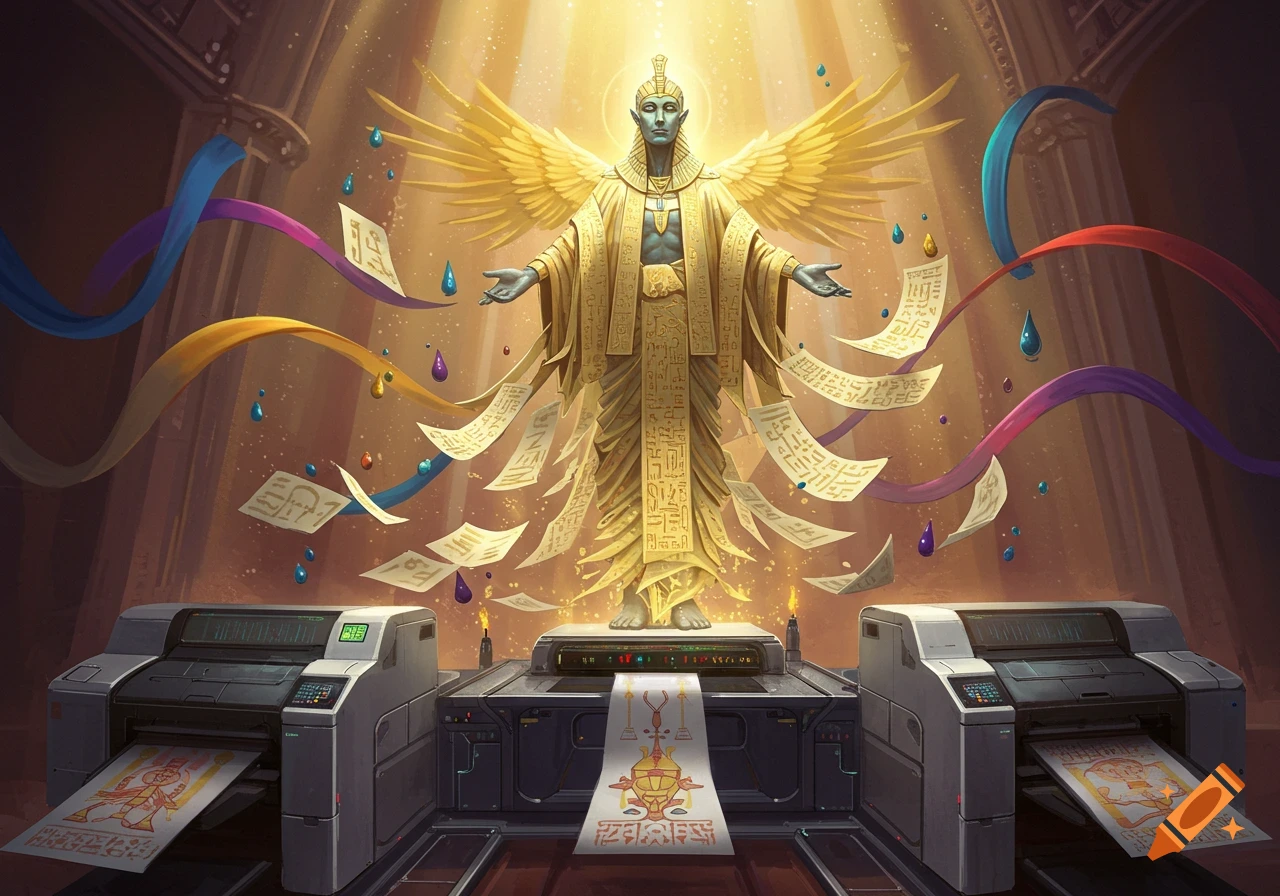 A majestic golden-winged, blue-skinned god-like figure stands between two large printers, surrounded by floating papers and colorful ink drops in a grand hall. Digital art.